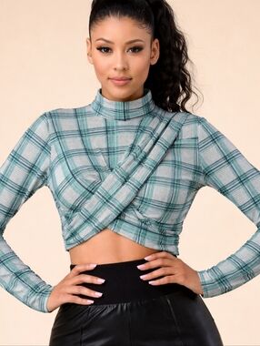The Sang Crop Top Long Sleeve Ruched Crossover Twist Front Green Blue Plaid LRG